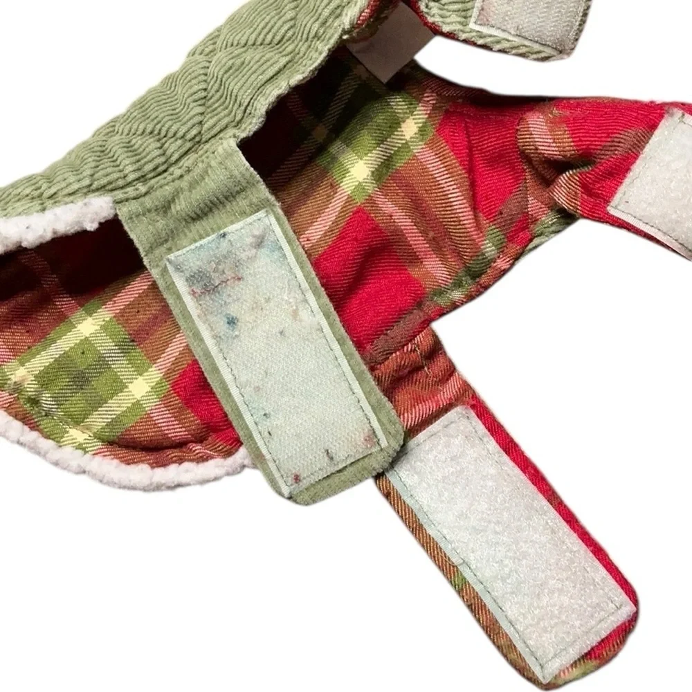 Green Quilted Dog Jacket with Red Plaid Accents
